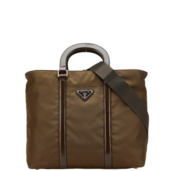 Prada Shoulder Green Triangle Leather Bag Brown Khaki Nylon - Picture 1 of 8
